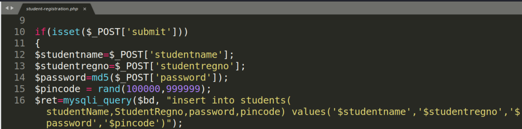 Участок кода из student-registration.php